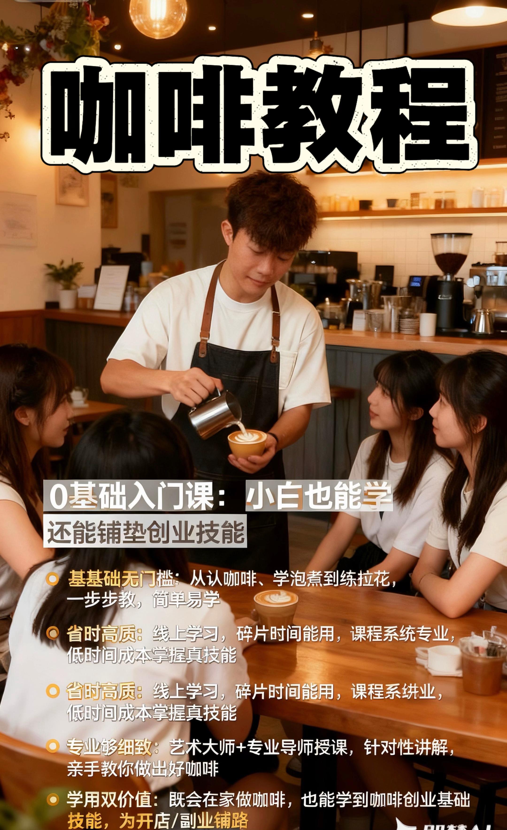 咖啡基础教学。0基础也能学!3天解锁专业咖啡技能,告别“只会点单” 想亲手冲一杯满屋飘香的手冲咖啡? 想搞懂拿铁、卡布奇诺的奶泡秘诀,在家实现咖啡自由? 甚至想掌握咖啡师级品鉴技巧,朋友聚会露一手? 现在不用怕“零基础”! - 从咖啡豆选品、烘焙度识别,到手冲/意式萃取实操,全程手把手教学,小白也能快速上手; - 拒绝枯燥理论,边学边练,当场就能喝到自己冲的合格咖啡; - 学完直接get“家庭咖啡师”技能,不管是日常解馋,还是招待朋友,都超有面! #咖啡培训 #拉花教学 #咖啡教程 #手冲咖啡
