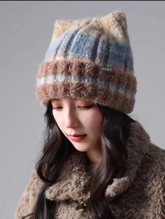 韩版ins风针织毛线帽子女秋冬季猫耳朵保暖护耳显脸小百搭套头帽#针织毛线帽 #百搭套头帽