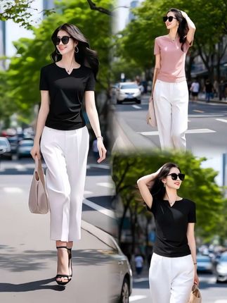 经典黑色短袖T恤,简约V领,舒适好搭,日常通勤、休闲出街都能穿,轻松拿捏时尚感~ #不同岗位的夏日穿搭#夏季游玩做自己的穿搭达人 #夏季干净风穿搭#毫不费力地打开初秋穿搭#一击即中的夏日穿搭