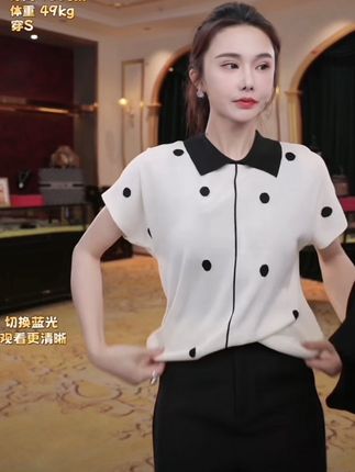 #短袖上衣 2025新款法式设计感撞色波点翻领T恤衫女夏季洋气POLO领时尚短袖➕亚麻天丝阔腿裤#法式设计感 #波点上衣 #亚麻天丝阔腿裤 阔腿裤