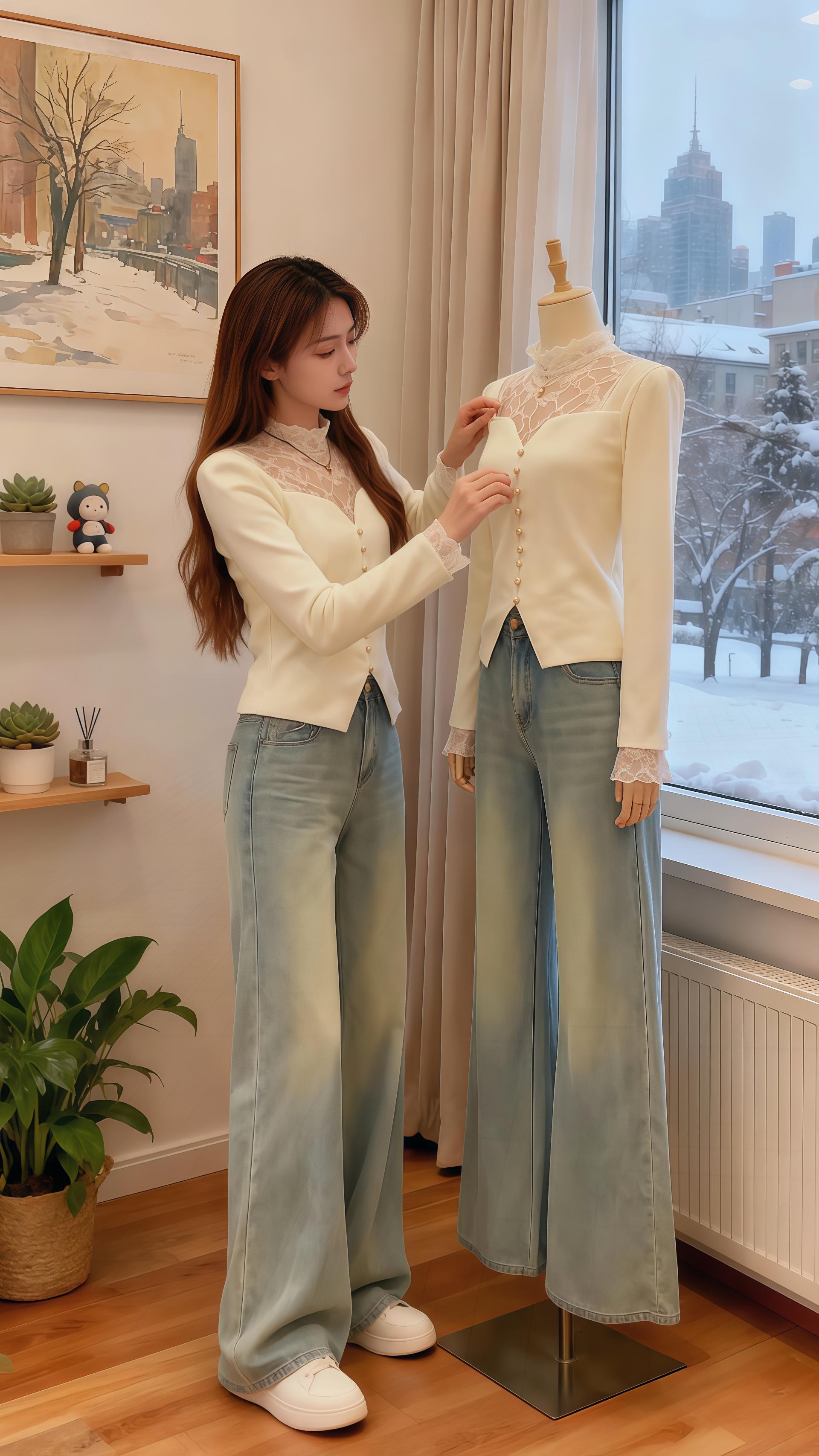 《2025秋冬,她靠一件法式蕾丝针织衫活成了小说女主》   初雪落满窗台时,林薇穿着那件奶白色法式蕾丝针织衫,正对着人体模型细细调整衣襟。珍珠扣在暖光下泛着柔润光泽,蕾丝领口像揉碎的月光,将她衬得又温柔又有筋骨。   转身坐在钢琴前,指尖跃过琴键,蕾丝袖口随动作轻晃,与窗外的雪、屋内的绿植构成一幅绝美的画。再到画架旁,她执起画笔,画布上的自己同样穿着这件针织衫,温柔又有力量。   这个秋冬,这件设计感满满的针织衫,让她在生活的每个场景里,都活成了人人艳羡的法式女主,把平凡日子过成了浪漫小说。#韩系穿搭 #温柔穿搭 #优雅气质 #晒晒我的秋日穿搭 #小个子秋冬穿搭