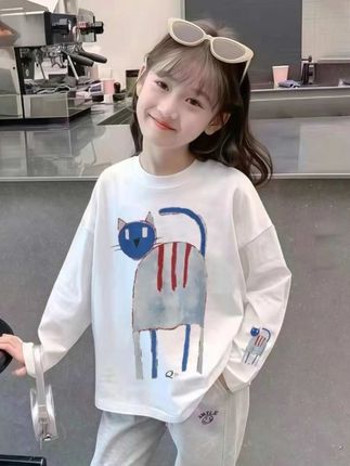 【100cm-170cm】春秋新款中大女童洋气休闲宽松百搭白色卡通印花圆领长袖打底衫T恤上衣#女童长袖T恤#高品质童装 #女童春秋穿搭 #女童春秋打底衫 #女童春秋长袖上衣