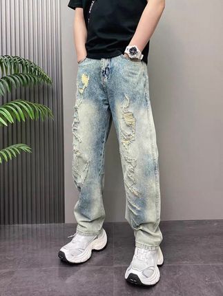 破洞复古怀旧蓝牛仔裤男#牛仔裤穿搭 #破洞牛仔裤穿搭 夏季新款乞丐哈伦裤潮流痞帅宽松长裤#男士破洞牛仔裤