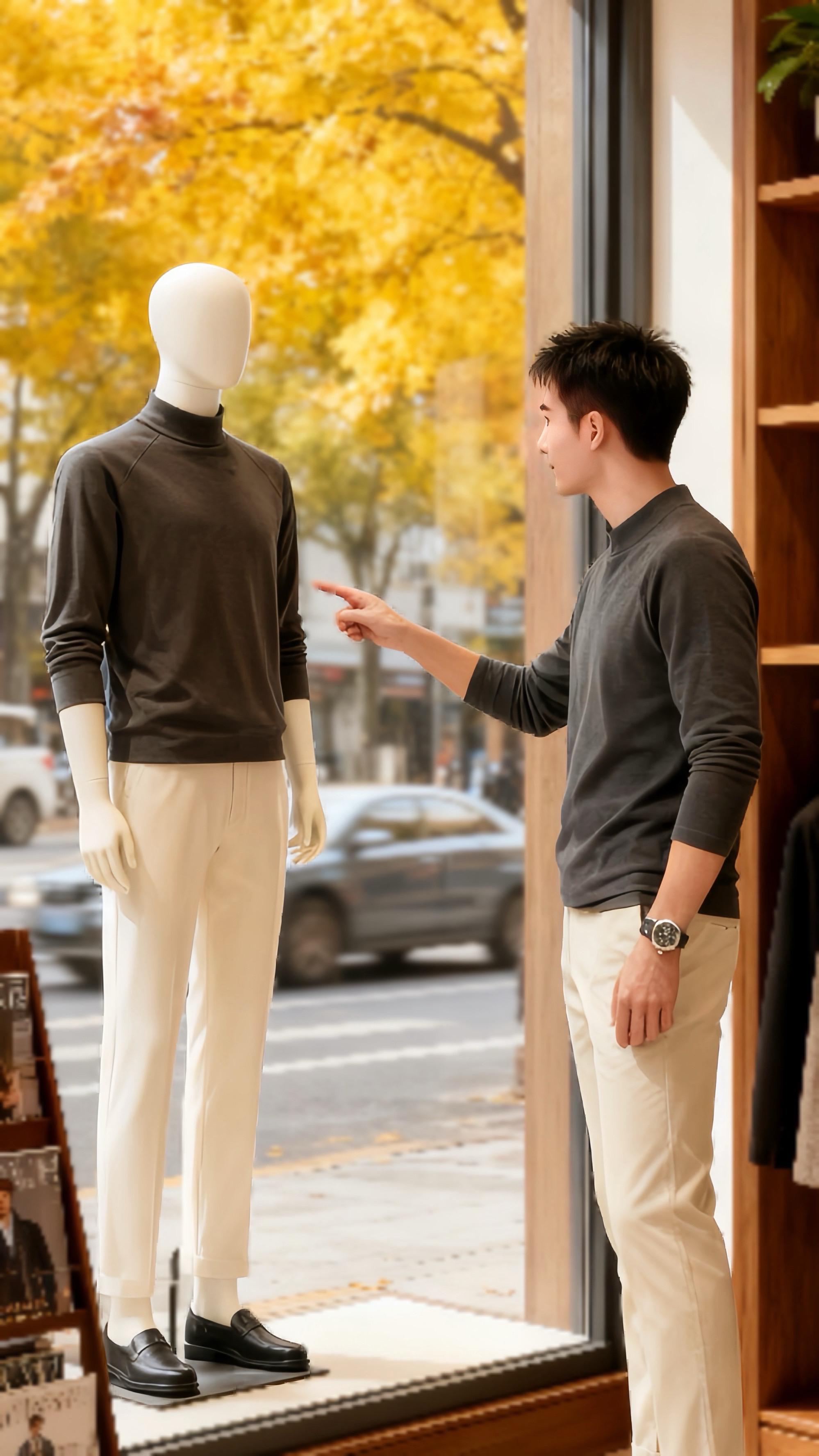 深秋的梧桐街,陈默成了焦点。他穿着德绒长袖打底衫,在潮牌店的橱窗边,指尖指向穿同款的人体模特,惹得路过的姑娘们频频侧目。 咖啡馆里,他靠着黑色皮沙发自拍,深灰色的打底衫衬得他皮肤白皙,举手投足间尽是成熟痞帅的韵味。在男装店的木质货架旁,他随手整理着摆件,打底衫的质感让他在暖光里像部时尚大片。 就连在窗边办公时,那身德绒内搭也让他在都市街景的映衬下,成了“穿搭界的氛围感男神”。这个秋冬,他凭一件打底衫,把成熟痞帅过成了日常风景。#你今天真好看 #高级感穿搭 #这个冬天不怕冷 #秋冬穿搭