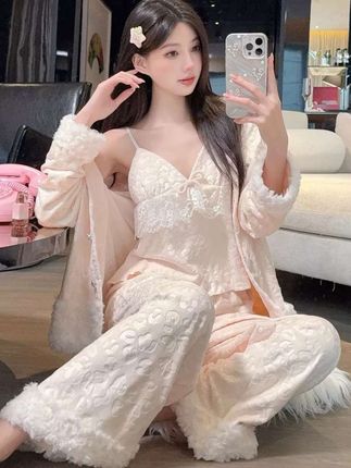 宫廷风豹纹衬衫领女睡衣带胸垫加绒睡衣套装冬季保暖#宫廷风豹纹衬衫领女睡衣带胸垫加绒睡衣套装冬季保暖
