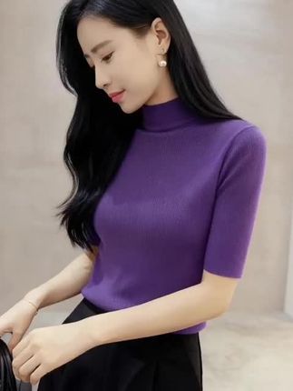 法式半高领设计感五分袖T恤女秋季2025新款洋气修身紫色打底毛衣#好物推荐#好物分享#热门#正品#爆款