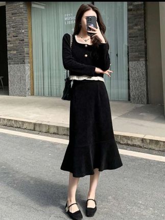#上热门 2025秋女新款 赫本风黑色气质高腰显瘦鱼尾裙小个子@DOU+小助手