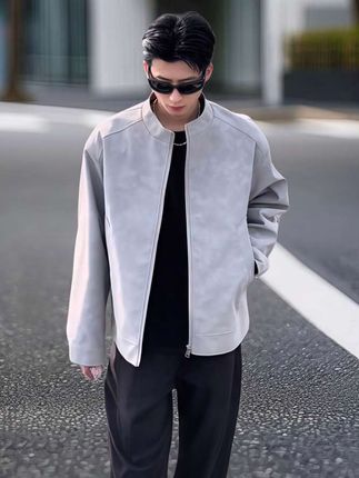 灰色雾面皮衣,春秋潮男必入#立领美式棒球服 #男生不出错的秋季穿搭指南#简约但不简单的男生穿搭#痞帅感的设计款