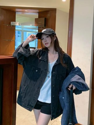 水洗牛仔外套女高街潮牌宽松情侣春秋休闲宽松百搭上衣女款8659@DOU+小助手