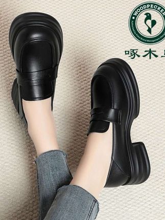 啄木鸟厚底乐福鞋真皮粗跟百搭鞋,圆头黑色妈妈鞋单鞋女小皮鞋#啄木鸟厚底乐福女鞋 #今日作品分享 #圆头软底女鞋 #上脚柔软舒适不累脚 #抖音橱窗可直接购买