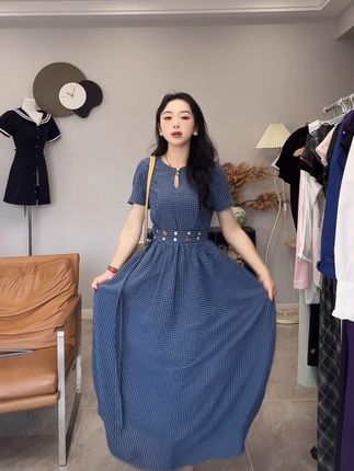 2025法式复古蓝色格子连衣裙子女夏季高级感别致绝美收腰长裙#夏季新款 #夏季穿搭 #连衣裙