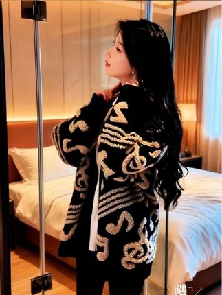 慵懒风软糯音符撞色图案女春秋宽松长袖针织开衫外套#开衫外套 #针织开衫外套 #秋季穿搭 #谁穿谁好看 #时尚穿搭