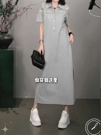 气质休闲宽松半开襟拼接翻领连衣裙#慵懒风穿搭 #时尚穿搭 #休闲穿搭 #甜美穿搭 #连衣裙