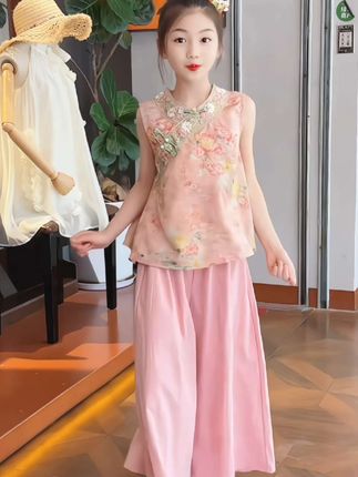 #我要上热门 女童国风新中式提花背心套装2025夏季汉服儿童民族风古风两件套#高品质童装 #国风古韵 #女童套装 #爆款热卖中