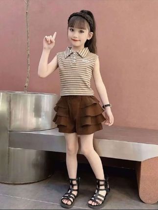 女童套装夏季洋气新款2025儿童:/ 条纹上衣短袖裙裤中大童两件套夏装