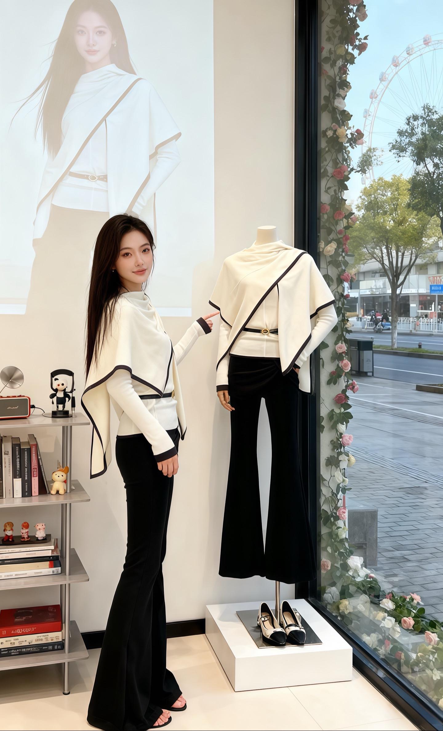 苏晚推开“简·影”服装店的门,风铃轻响。店内,黑白主调的衣物错落悬挂,简约又高级。  她目光先被左下角那架四层黑色置物架吸引,上面书籍、小音响、可爱摆件,透着生活气。旁边立着一架钢琴,仿佛随时能流淌出旋律。  右转头,玻璃橱窗映入眼帘。爬墙花缠绕四周,生机盎然。透过橱窗,能瞧见外面街道的树影婆娑,车辆穿梭,更远处还有摩天轮缓缓转动,像个梦幻的标记。  苏晚抱着她的小狗“奶糖”,走到一面镜子前。镜中的她,长发披肩,穿着店内简约又不失设计感的服饰,怀里的“奶糖”乖巧地蹭着她的手臂。她看着镜中的自己与小狗,嘴角不自觉漾起温柔的笑,只觉这一刻,美好得像被时光温柔包裹。#优雅气质 #高级穿搭 #好身材好气质 #轻奢女装 #通勤搭配