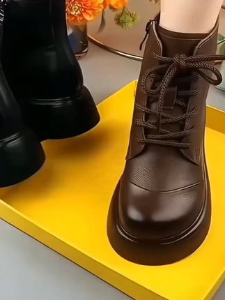 厚底马丁靴 马丁靴女秋冬季新款真皮系带松糕厚底加绒棉女靴圆头羊毛短靴#马丁靴#松糕鞋#短靴女