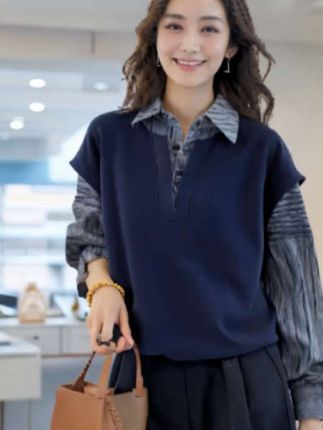 大码假两件复古格子衬衫女秋季韩版设计感气质宽松显瘦百搭#秋冬穿搭新鲜感在线 #早秋穿搭三分钟出门不是梦 #秋季微胖穿搭测评 #初秋一周不重样穿搭 #秋季不露腿穿搭#