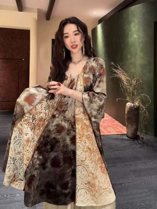 三吉黑花【南秋影】扎染炒色水溶绣花丝绒裙#原创设计师品牌 #轻奢大气上档次#高端品牌定制 #热点宝