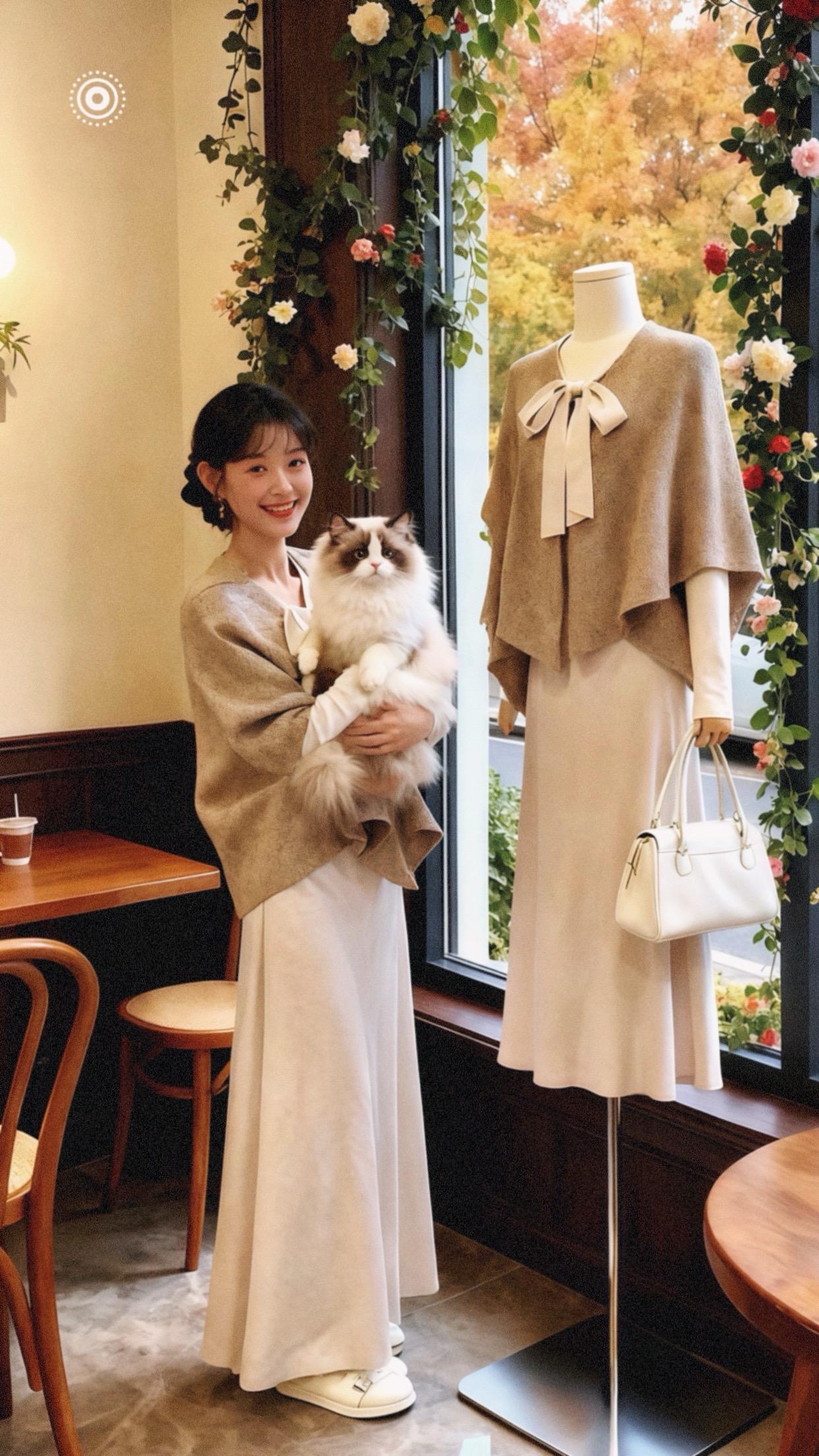 秋日的阳光,透过“悦己”服装店的落地窗,给店内镀上一层暖融融的滤镜。店主姜知夏抱着她那只圆滚滚、毛蓬松的布偶猫,站在一身同款穿搭的人体模型旁,眉眼弯弯,笑意清甜。 她身上的早秋韩系气质斗篷外套,自带的慵懒感,营造出精致氛围。搭配长袖连衣裙,温柔又显瘦。领口处蝴蝶结,似一只振翅欲飞的蝶,让简约的穿搭有了别样亮点。 姜知夏指尖轻轻摩挲着怀中猫咪的绒毛,视线落在模特身上的套装上,语气满是对自家服饰的喜爱:“这一套啊,可太适合早秋了。”她顿了顿,像是在向进店的顾客热情推荐,“裙子单穿,是温柔似水的韩系欧尼既视感,像把秋日的浪漫都穿在了身上;要是再冷点,外面搭这件斗篷,又会是随性又时髦的叠穿效果。” #韩系穿搭 #温柔风 #斗篷外套 #美出高级感 #早秋冷冽又随性的气质穿搭