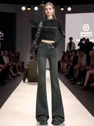 水泥灰微喇牛仔裤女2025秋季高腰显瘦修身百搭马蹄喇叭裤TZQ92146#时尚女装#时尚穿搭#阔腿裤#牛仔裤