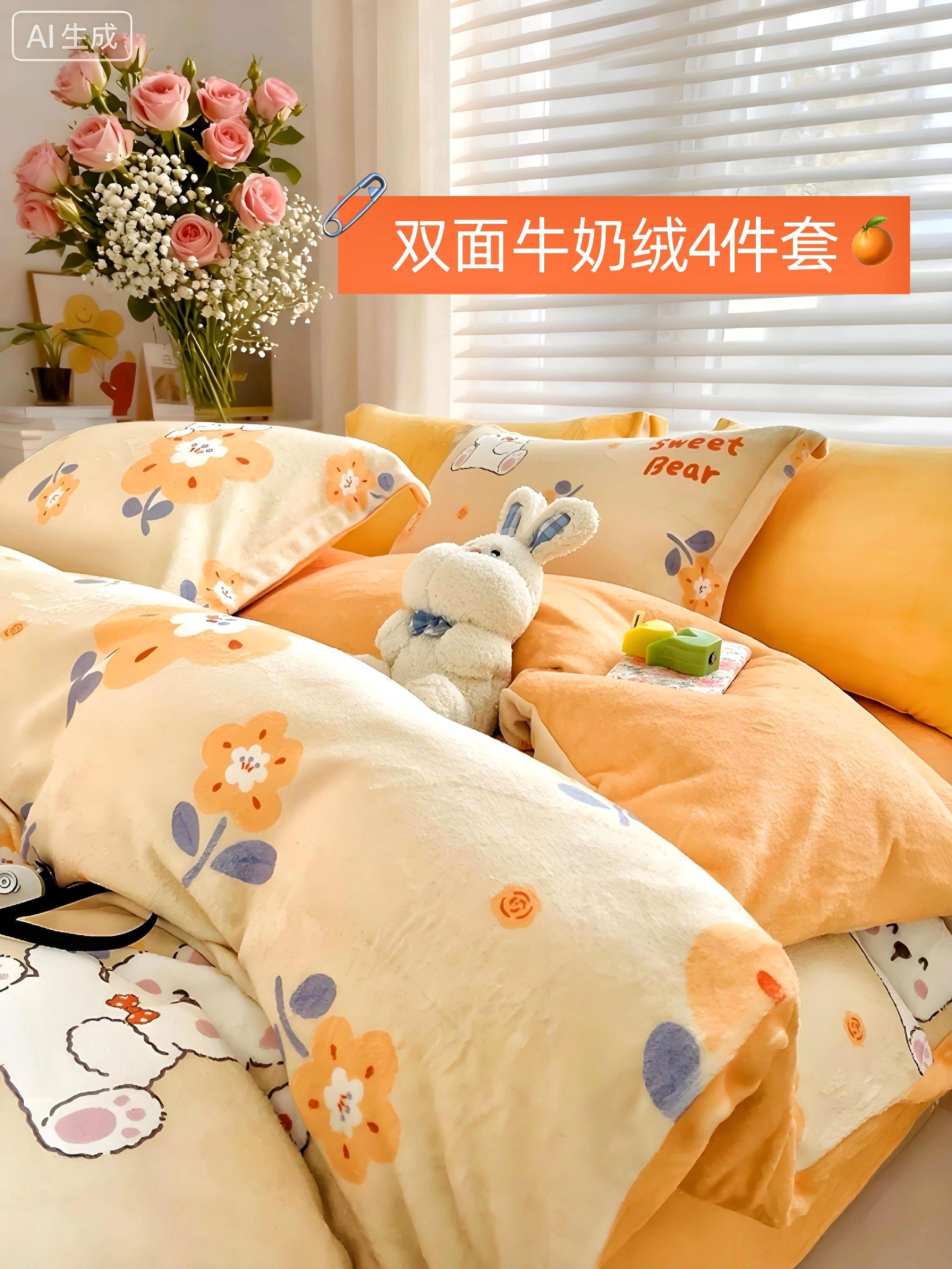 《把秋日温柔抱进被窝,这款双面牛奶绒四件套太治愈了》#面料柔软舒适 #好物推荐🔥 #牛奶绒四件套 #颜值高 #双面绒四件套 谁能拒绝一床会“发光”的被窝呢?这款双面牛奶绒四件套,把橘调花海与软萌小兔藏进织物里,摸上去像裹着云朵,暖乎乎的质感直接把秋冬的温柔拉满~ 清晨被柔光唤醒,鼻尖是床品自带的细腻绒感,连抱着的小兔玩偶都和它适配度满分。双面可用的设计,一面是繁花萌趣,一面是暖橙治愈,每天换种风格窝在里面,幸福感像被棉花糖裹住,连梦都是甜甜的~ 无论是打造小清新卧室,还是给生活添点治愈感,它都像个温暖的小确幸,让每一次躺卧都成了治愈时刻,谁能不爱这种把温柔揣进被窝的小美好呢~