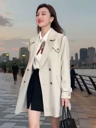 秋季新款洋气英伦风海军领小个子中长款风衣。