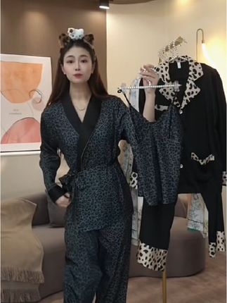 【秀秀家】秋季上新《青灰豹纹》带胸垫高定长袖长裤睡衣家居服套装#秋季家居服套装#秋季睡衣套装#睡衣家居服 #秋季上新