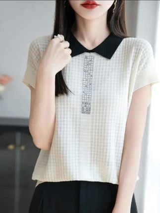 正品哥弟新款2025莱赛尔天丝列夏季洋气翻领短袖针织衫女装时尚#夏季穿搭 #翻领上衣#针织短袖T恤#每日新款推荐#谁穿谁好看