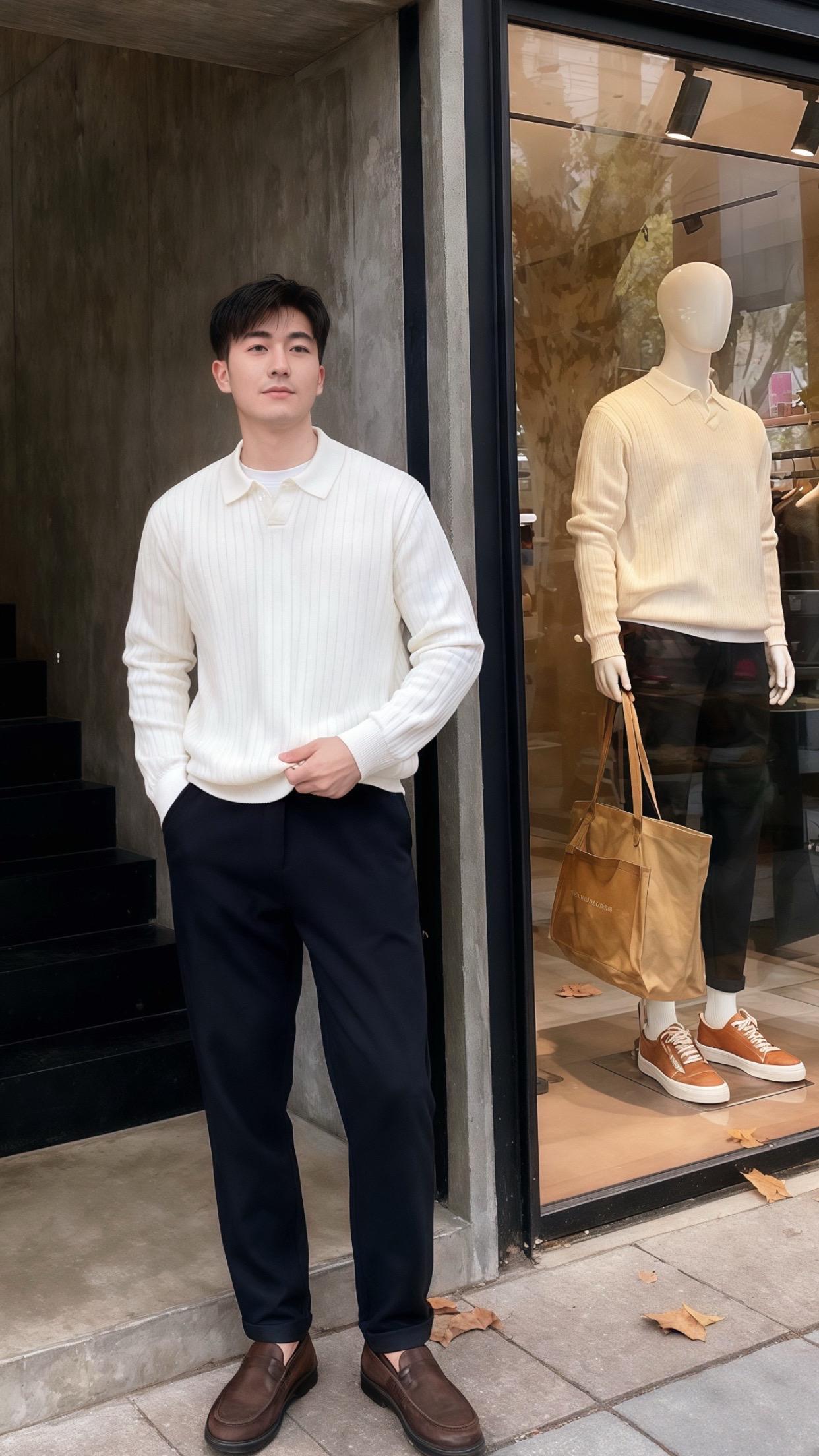 轻熟风条纹翻领polo针织衫毛衣#品质男装 #男士穿搭 #翻领polo衫毛衣#男士毛衣#轻熟风