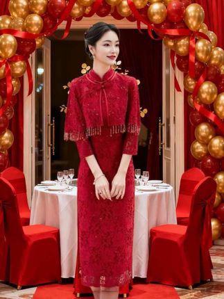 #喜妈妈喜婆婆礼服#旗袍蕾丝披肩两件套#优雅气质#高级感穿搭#婚礼妈妈礼服 #