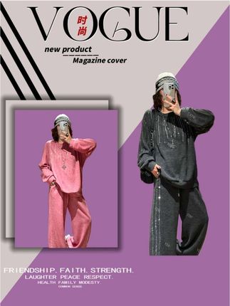 YDFSTUDIO【柔美星辰】欧货高品早秋烫钻拼接设计上衣+裤子套装