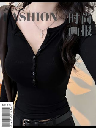 #甜美穿搭 2025秋季辣妹性感小心机V领上衣女纯欲修身显瘦纽扣长袖T恤打底衫