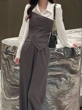 W229 秋季流行穿搭气质通勤条纹衬衫两件套#衬衫两件套 #气质穿搭 #通勤搭配 #显瘦遮肉 #衬衫