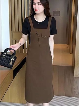 高含棉时尚#拼接假两件背带裙女 2025新款夏季洋气显瘦中长款连衣裙#时尚连衣裙#谁穿谁好看