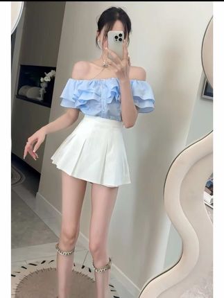 #上热门🔥 时尚甜美一字肩短袖荷叶边露肩衬衫上衣新款夏季清凉半身裙女装#甜美穿搭 #荷叶边设计#时尚减龄