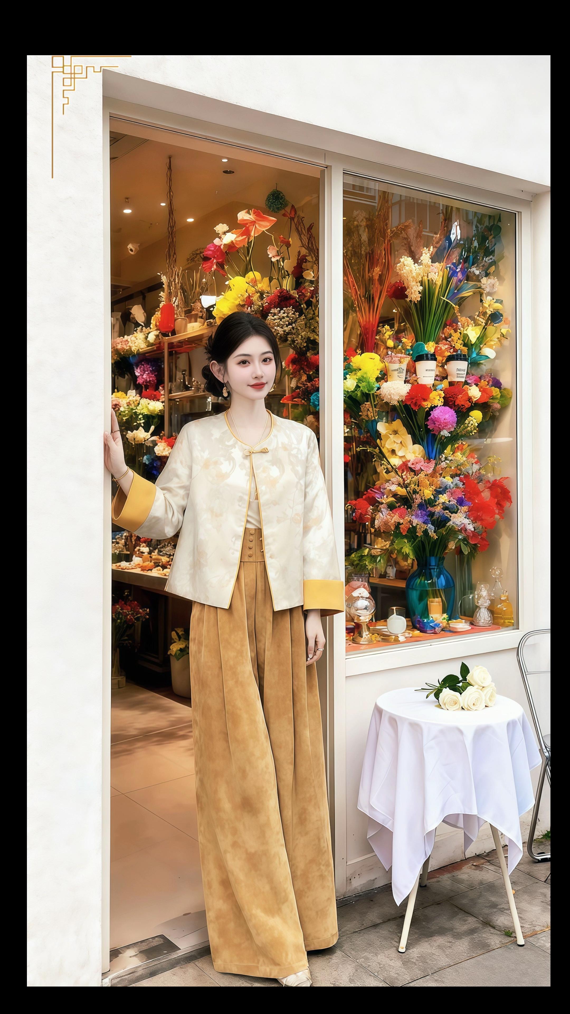 「在花与锦缎间,邂逅东方雅韵」。花店的玻璃橱窗里,四季繁花永不落幕。林晚却在这斑斓色彩中,凭一件米白提花短褂闯出了独属东方的雅致天地。 鹅黄镶边的袖口随她抬手的动作轻晃,同色系阔腿裤垂坠如瀑,行走间带起温婉风致。盘扣轻合,将提花暗纹里的江南意趣藏于襟前,与身后绚烂花簇相映,竟让西式花店也晕染了一层水墨般的古典韵——原来新中式的浪漫,从不是对传统的复刻,而是在当代语境里,把锦绣风骨穿成日常的诗#新中式穿搭成为中秋宠儿 #预制国庆出游穿搭 #秋季微胖穿搭测评 #秋冬穿搭新鲜感在线 #谁穿谁好看 @抖音创作小助手 @DOU+上热门 @抖加🔥上热门🔥dou+🔥热点宝