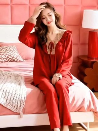 #春秋新款 #红色长袖睡衣 #家居服套装 #女士本命年睡衣 #在家也要精致 @DOU+小助手