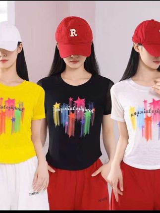 夏季新款时尚潮流双层网纱休闲百搭修身潮品彩色印花短袖#夏季新款 #休闲减龄穿搭 #气质穿搭 #优雅气质#时尚穿搭