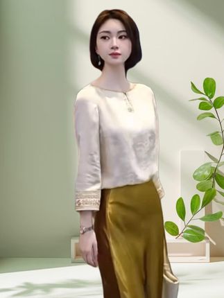#早秋高智感职场穿搭 中式米白色复古提花衬衫女,早秋款宽松显瘦百搭设计感小衫上衣#随机穿搭挑战 #中性风入秋穿搭灵感 #和朋友的秋季同频穿搭 #国庆穿搭这就开始预备了