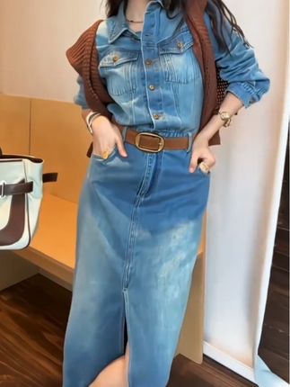高级感水洗蓝牛仔连衣裙女秋冬新款设计感长袖中长款高腰包臀裙#连衣裙 #高级感穿搭 #秋款穿搭