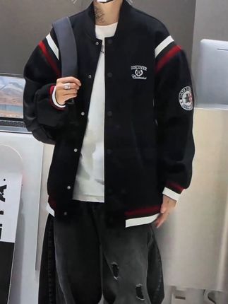 #外套 #男生穿搭 青少年秋季美式拼接宽松夹克男潮牌撞色罗纹针织绣花棒球服外套#外套穿搭 #夹克外套 #棒球服外套
