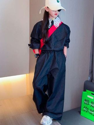 女童拼接蕾丝领口气质牛仔套装2025新款中大儿童早秋时尚小众潮服#套装穿搭 #休闲穿搭 #穿搭分享 #高级穿搭