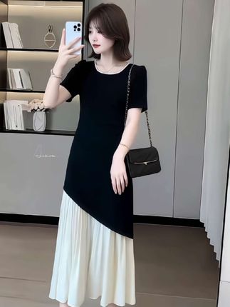 显瘦拼接连衣裙 2025年夏季新款拼接设计感简约中长款裙子|垂感显瘦气质通勤A字裙#显瘦穿搭#时尚洋气连衣裙#遮肉显瘦遮肉减龄 #创作者中心 #创作灵感