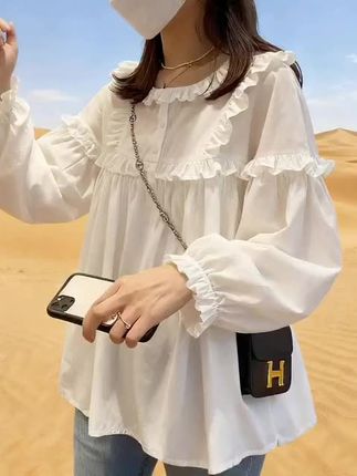 2025新款长袖白色衬衫女设计感小众木耳边宽松显瘦衬衣娃娃衫上衣