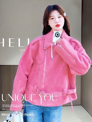 秋季新款上市🍂爆款粉色甜酷麂皮绒短外套女2025春季新款小众高级感炸街时尚机车上衣#爆款热卖中