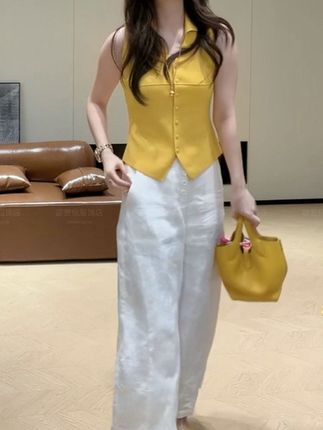 夏季新款POLO领无袖修身显瘦针织上衣时尚设计感百搭阔腿裤套装女#针织上衣 #阔腿裤