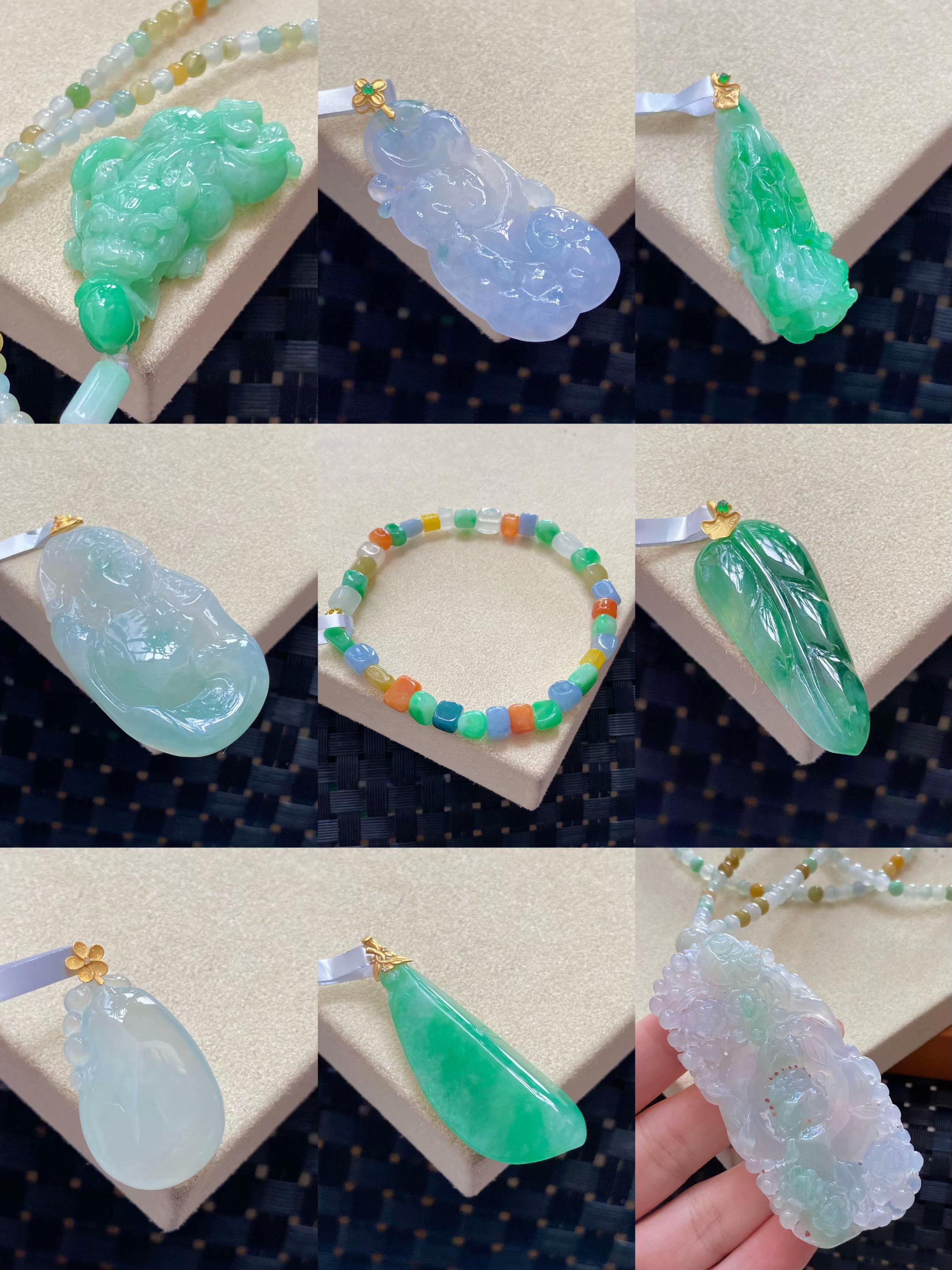 🍀翡翠控集合!这波天然翡翠美到心巴上了。谁懂啊家人们!这些翡翠也太绝了✨ 有满绿霸气貔貅、冰紫灵动如意、阳绿招财白菜…每一款都是天然翡翠的精雕之作,种水色韵样样在线!还有冰透佛公、多彩珠串、精致耳饰…从吊坠到手串,从日常搭配到收藏级别的都有! 每一件都像被赋予了灵气,戴在身上尽显优雅贵气,不管是自己戴还是送长辈,都是超有品味的选择~ 喜欢翡翠的宝子别错过,快来pick你的心头好! #翡翠 #天然翡翠 #翡翠吊坠 #翡翠手串 #珠宝首饰