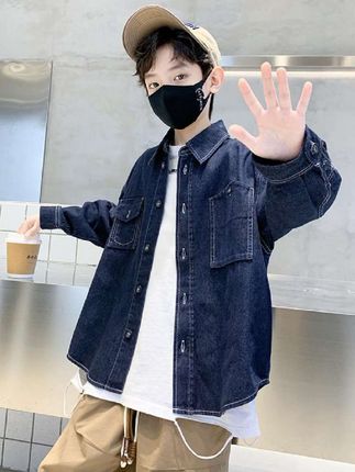 男童蓝色牛仔外套春秋款儿童薄款衬衫新款中大童洋气上衣#男童外套#男童牛仔外套#时尚百搭#潮酷 #阳光男孩