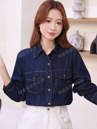 小个子2025年秋季新款不掉色丹宁蓝牛仔衬衫女衬衣宽松百搭显瘦#春秋穿搭 #外套穿搭 #牛仔穿搭 #高级穿搭 #牛仔外套